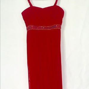 Junior red shiny belt dress